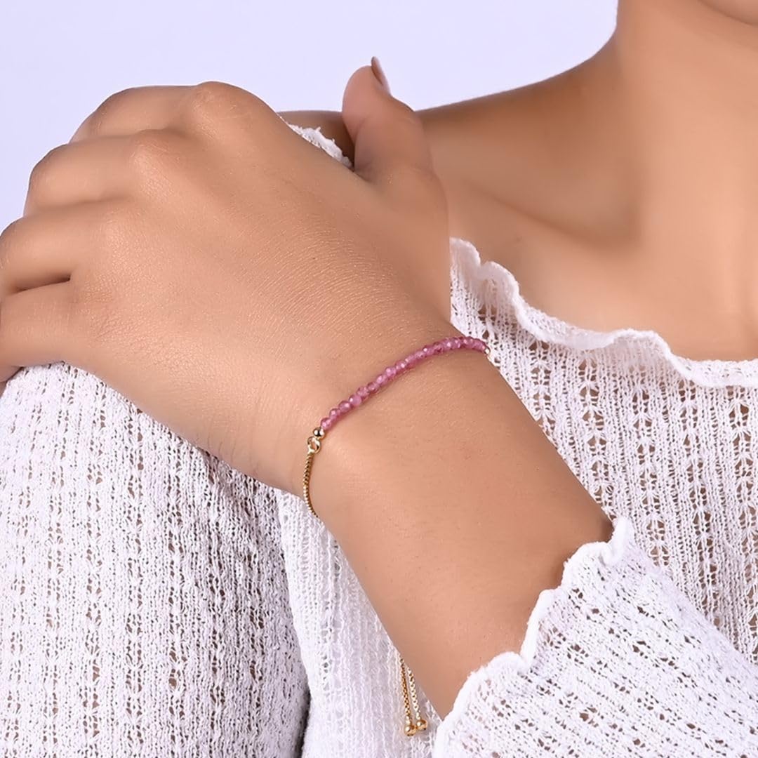 Gempires Birthstone Bracelet, Pink Tourmaline Beaded Bracelet, October Birthstone Jewelry, Bolo Beads Bracelet, Gift for Her, 14k Gold Plated Chain (6-9 inch Adjustable Length)