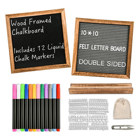 10" x 10" Double Sided Chalkboard Sign with Stand, Small Chalk Board Blackboard Wood Frame Felt Letter Board with 12 Chalk Markers and 340 Letters (Brown)