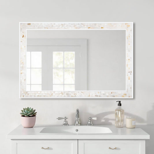 White Framed Bathroom Mirrors for Wall, 20x28 Inch Mother of Pearl Inlay Mirrors with Tempered Glass for Bathroom Bedroom or Living Room (Horizontal/Vertical Hanging)