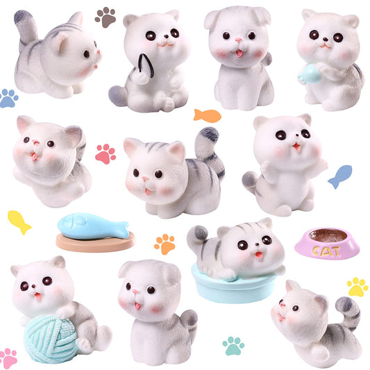 14 Pcs Cat Figurines Cute Miniature Figures Mini Cat Cake Toppers Moss Landscape Waterproof Resin Kitten Garden Miniature Terrarium Figurines for Garden Home Party Cake Decor Supplies (Gray)