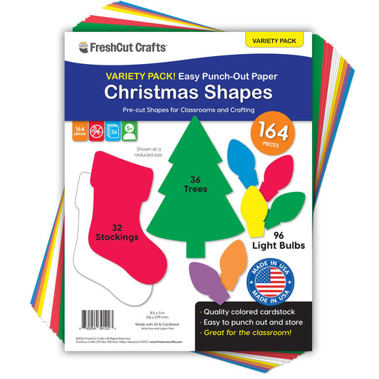 164 Pieces Christmas Trees, Stockings, Light Bulb Punch Out Paper Cutouts in Holiday Colors, 2-Sided US Made Card Stock for Crafts, Bulletin Boards, Classroom, Posters, and Christmas Party Decorations