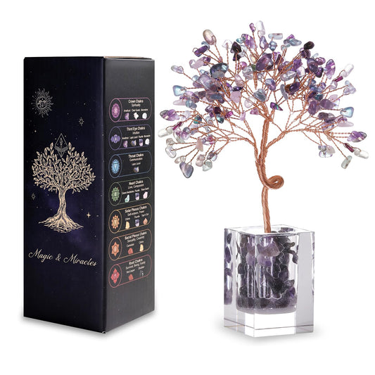 Fluorite Crystal Tree 6.5 Inch Handmade Gem Tree with 147 Stones Office Home Room Decor, Healing Energy Plant for Desk, Gift for Women and Men, Spiritual Meditation Decor