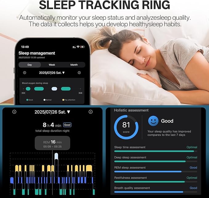 Smart Ring with Vibration Alerts, Health Tracker Ring with Body Temperature Monitor, Heart Rate, Sleep & Fitness Tracking, Waterproof Activity Ring for Men & Women, No App Fees