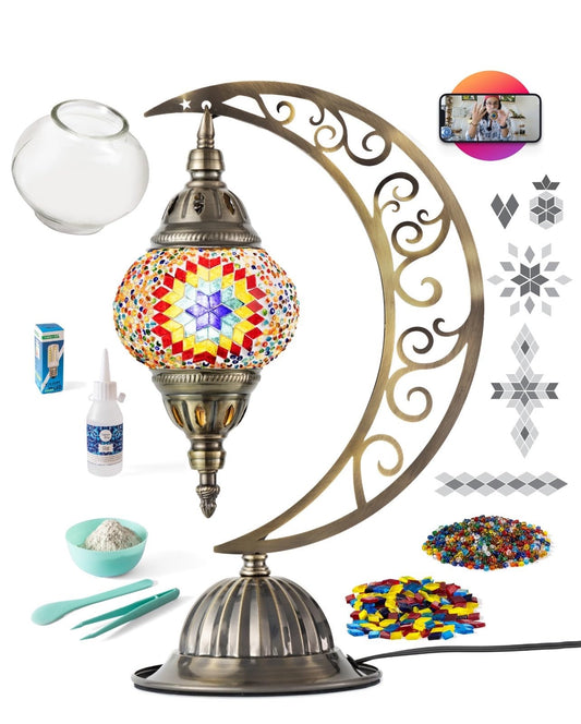 Turkish Mosaic Moon Lamp Making Kit | DIY Colorful Glass Decorative Table Desk Light | Craft Kit For Adults | Make Your Own Lamp | Living Room Bedroom | Mosaic Pieces, Beads, US-Plug (Multicolor)