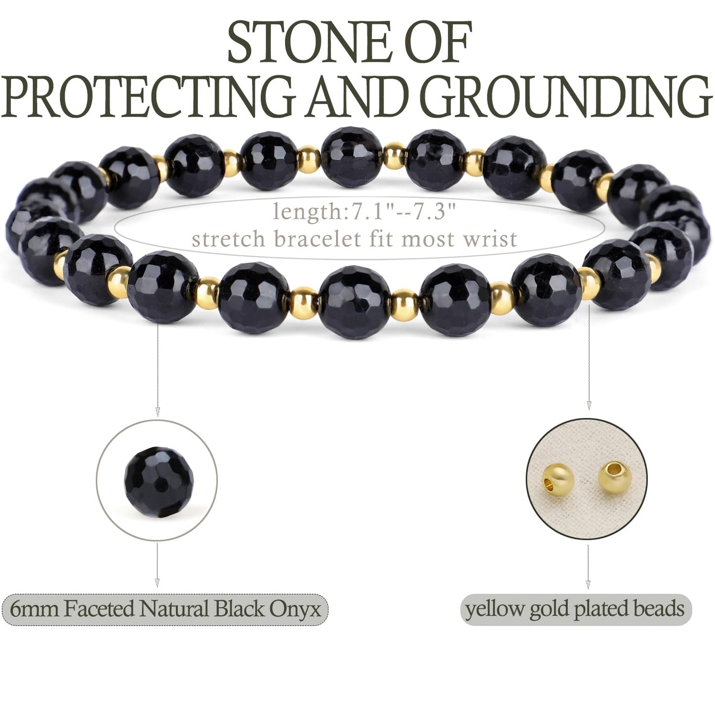 QOGIR Black Onyx - Protecting and Grounding - 14K Gold Plated Beads Natural Gemstone Stretch Elastic Dainty Healing Beaded Bracelets Gifts 6mm