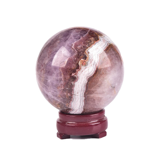 JIC Gem Natural Amethyst Agate Crystal Sphere with Wooden Stand Amethyst Decorative Crystal Gemstone Sphere for Meditation Feng Shui Witch-Style Decor Table 70-80mm