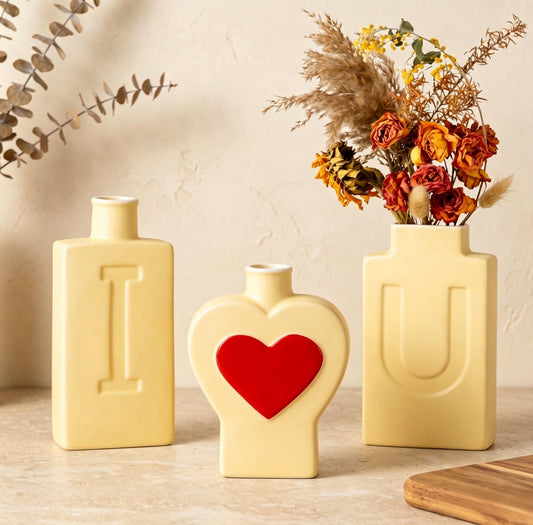 Ceramic Vase Set of 3, I Love U Matte Ceramic Vases for Home Decor, Romantic Decorative Flower Vases for Shelf, Bedroom, Coffee Table, Wedding Yellow Heart