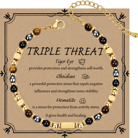 QINJIEJIE Protection Bracelet for Women Triple Protection Gifts Hematite Black Obsidian Tigers Eye Beads Crystal Bracelet Healing Worry Stone Gemstone Bracelet