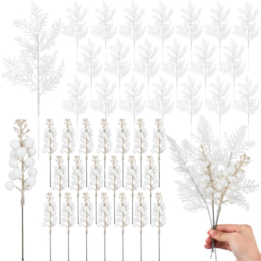 Cindeer 80 Pcs White Christmas Glitter Berries Stems Pine Needles Christmas Artificial Picks Fake Floral Twig Spray for Xmas Tree Ornaments DIY Wreath Garland Decorations