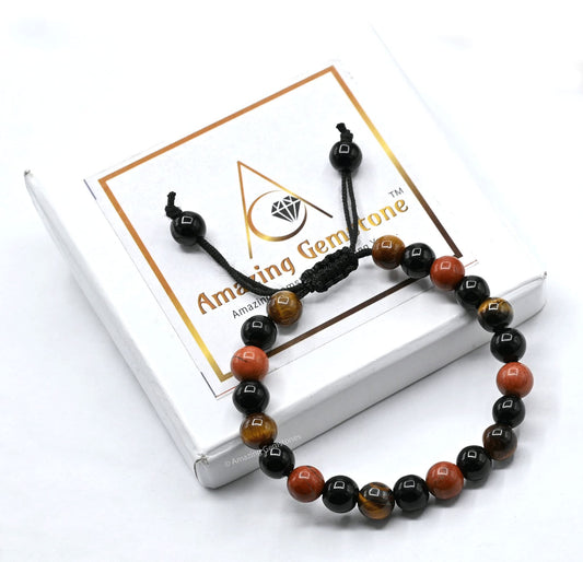 Amazing Gemstone Anti Bullying Manifestation Bracelets - Black Obsidian Tiger Eye Red Jasper Bracelet Set for Healing Calming Anxiety Stress Relief Gifts Pulseras Para Hombres Mujer (Adjustable)