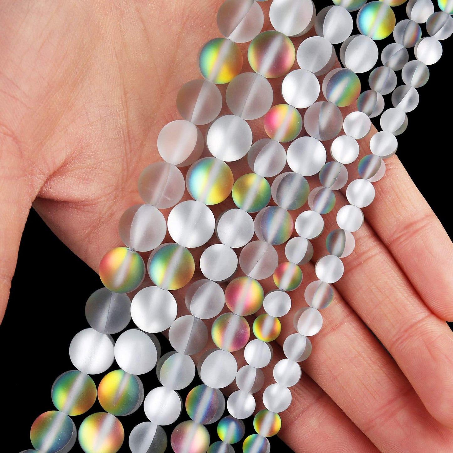 Matte Vitrail Medium Aurora Crystal Glass Beads, 6MM Frosted Glitter Shining Mermaid Round Loose Beads, Rainbow Holographic Synthetic Moonstone for Jewelry Making DIY Bracelet