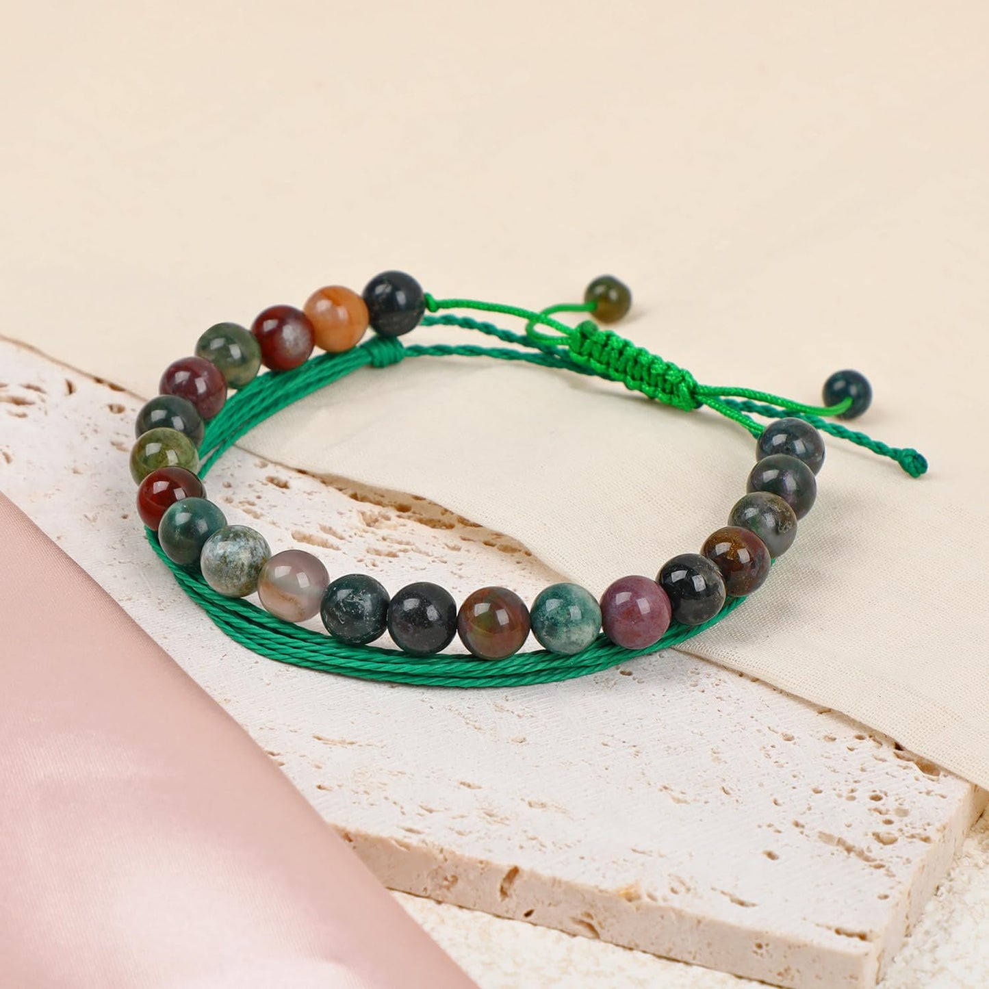 LPBeads 8mm Indian Agate Bracelet with Handmade Rope Bracelet Size Adjustable Natural Stone Crystal Healing Bracelets Gifts for Unisex Adults