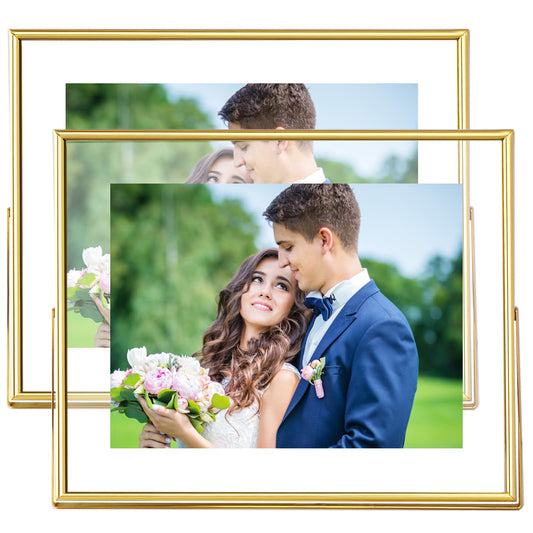CROXXID 8x10 Picture Frame set of 2, for 5x7 6x8 with Floating Effect, for 8 x 10 without Floating, Double Real Glass Photo Frames Only for Tabletop, Home or Wedding Decoration Gift (Horizontal Gold)