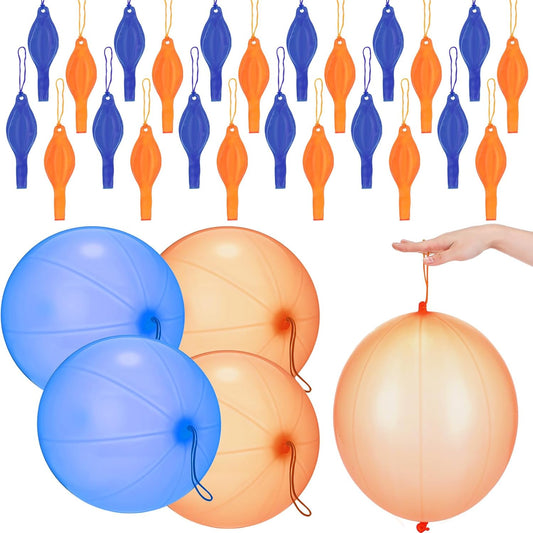 Soulchen Punch Balloons - 24 Pcs Blue & Orange Party Favors for Kids' Birthday Celebrations | Durable Rubber Band Handle