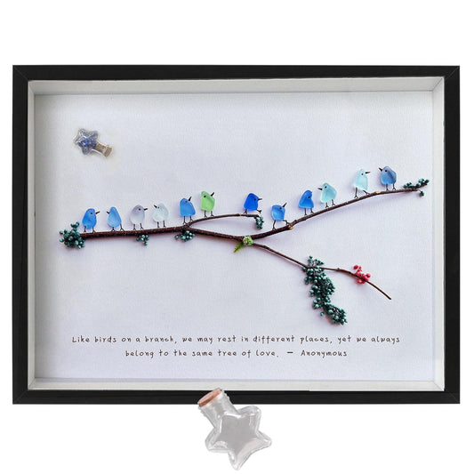 MEAKEO Sea Glass Birds Wall Art with Frame,Handmade Seaglass Rainbow Birds,Decorative Branch and Dried Flowers Accents,Sea Glass Friendship Gift for Home Decor,and Gift Ideas