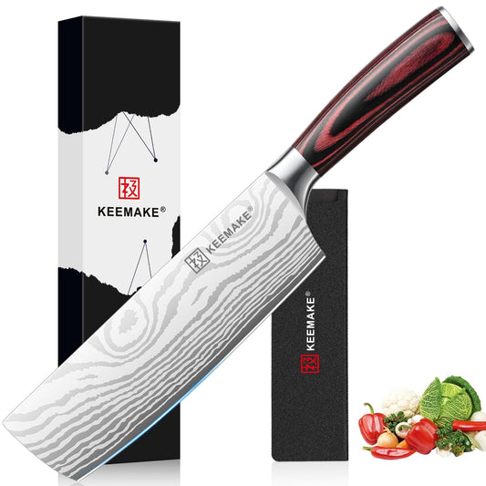 KEEMAKE 7 Inch Nakiri Knife - Japanese Kitchen Vegetable Cleaver, Razor Sharp German High Carbon Meat Slicing Cutter, Ergonomic Pakkawood Handle with Sheath, Father Day Gifts
