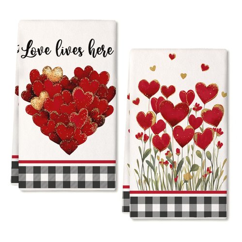 ARKENY Valentines Day Kitchen Towels Set of 2,Red Heart Love Dish Towels 18x26 Inch Drying Dishcloth,Farmhouse Home Daily Seasonal Decoration AD413