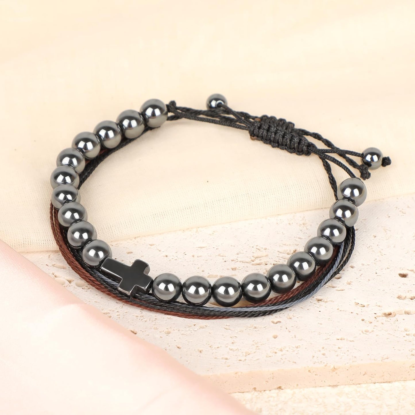 LPBeads 8mm Hematite Cross Bracelet with Handmade Rope Bracelet Size Adjustable Natural Stone Crystal Healing Bracelets Gifts for Unisex Adults