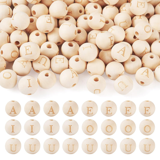 100 Pcs Letter Round Natural Wood Beads 16 mm Wood Letter Beads Unfinished Wooden European Large Hole Beads Garland Macrame Loose Spacer Beads for DIY Craft Bracelet Jewelry Making