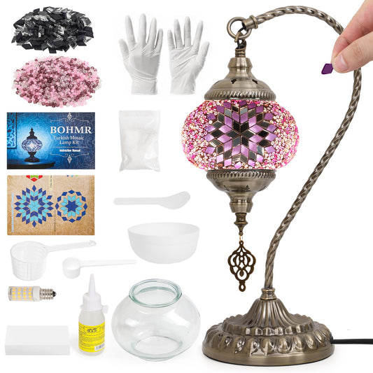 BOHMR DIY Turkish Mosaic Lamp Kit for Adults,Swan-Neck Stained Glass Lamp Making Kit- Easy,Fun,No Experience Needed, Mosaic Art & Craft Project Kits for Adults & Teens,Make Your Own Table Lamp,Pink