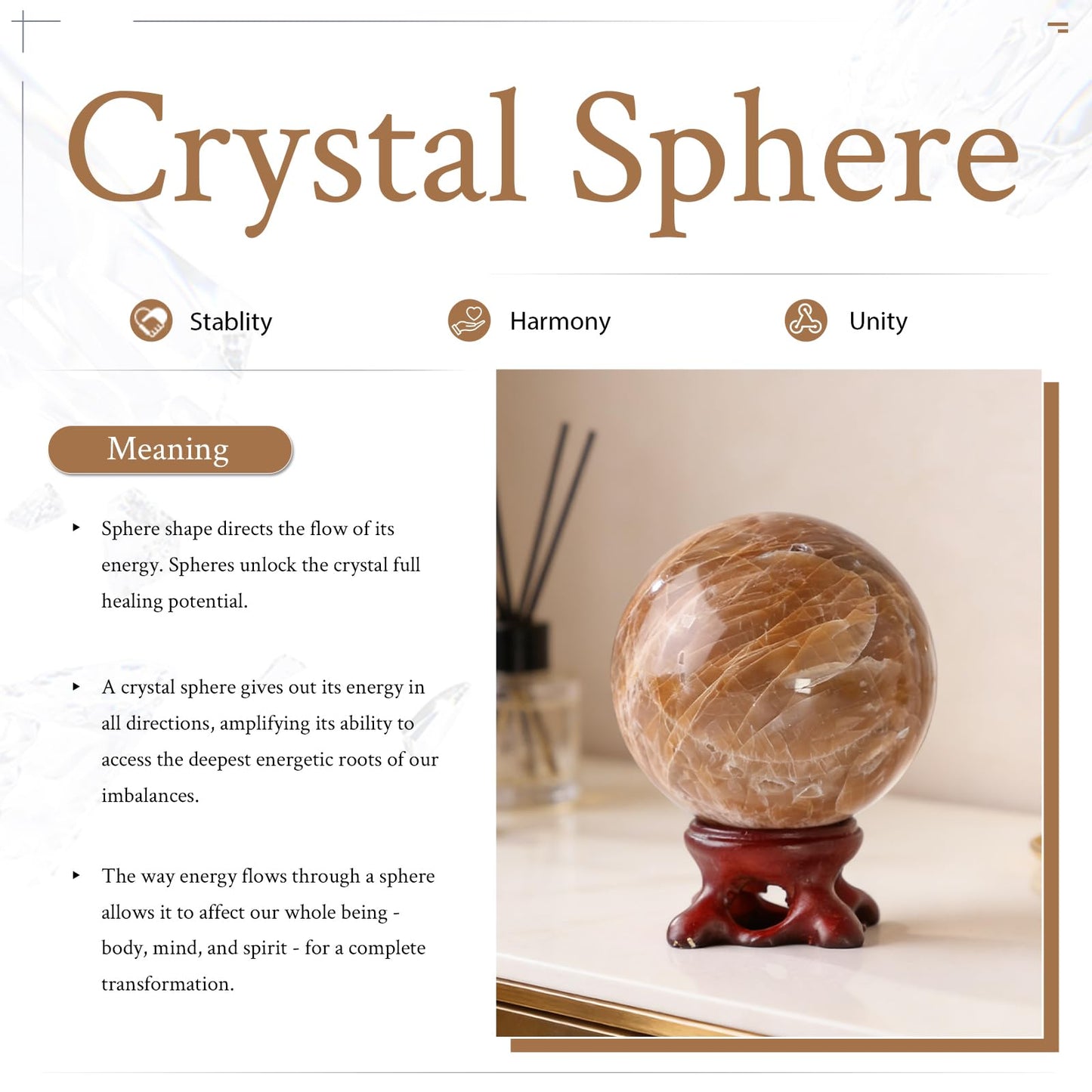 Nupuyai Natural Orange Moonstone Crystal Ball with Resin Stand, Healing Crystal Sphere for Home Decor 2.01"-2.36"(51mm-60mm)