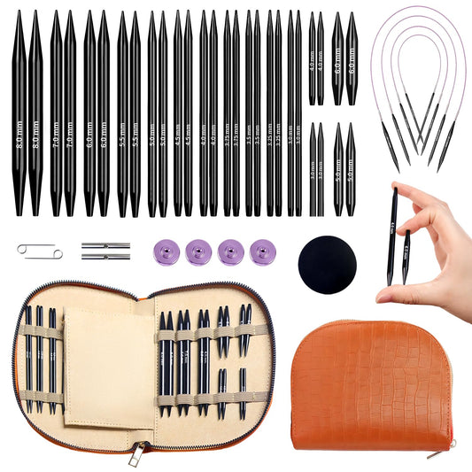 Yarniss 15 Pairs Circular Knitting Needle Combo, 4.5-Inch Round Knitting Needle 3.0~8.0mm, 2.16-Inch Shorties Needles US Size 2.5-10, Interchangeable Aluminum Cable Needles with Case