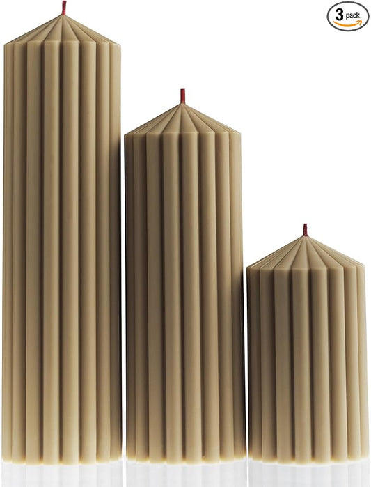 LAWA Ribbed Peak Pillar Candle - Large Beautiful Handmade Pillar Scented Soy Wax Candle Elegant Bubble Aesthetic Candle Housewarming Gift Home Room Shelf Decor Idea White (Set of 3, Olive Beige)
