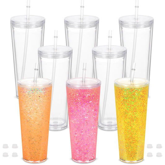 Micellwuu 8 Pack 24Oz Snow Globe Tumblers, Double Wall Acrylic Snowglobe Cup with Pre Drilled Hole, Lids, Straws and Plug, Reusable Clear Plastic Tumbler for Snow Globe Glitter DIY