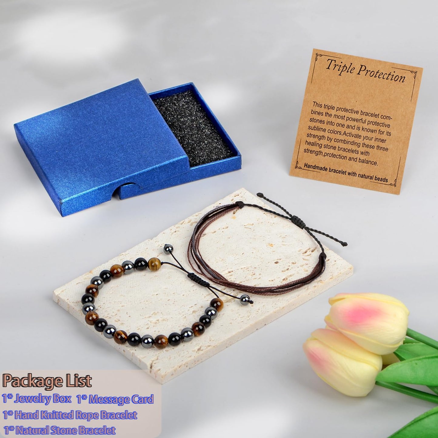 LPBeads 8mm Onyx Tiger's eye Hematite Mixed stone Bracelet with Handmade Rope Bracelet Size Adjustable Natural Stone Crystal Healing Bracelets Gifts for Unisex Adults
