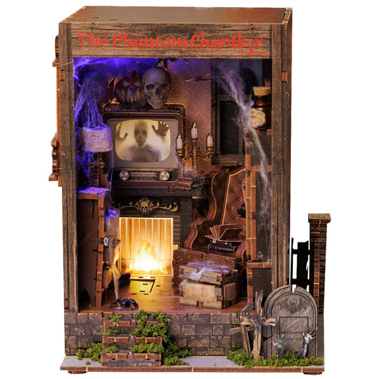 Book Nook Kit,DIY 3D Wooden Miniature Dollhouse Kit Gifts for Adults,The Phantom Chamber Haunted House Booknook with LED Light