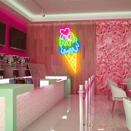 Ice Cream Neon Sign, Ice Cream LED Neon Light, Restaurant Neon Sign, Business Led Logo Light, Dessert Shop Sign, Ice Cream Decor, Neon Sign for Coffee Shop, Neon Sign Dimmable. Size:20in-Multi-color