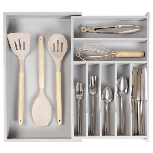 KitchenEdge Premium Silverware, Flatware and Utensil Organizer for Kitchen Drawers, Food-Safe Contract Grade, Expandable from 10.5 to 19 In, Gray Bamboo