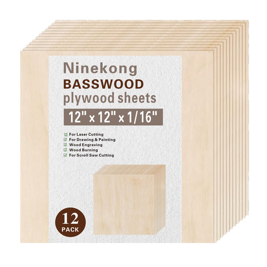 12 Pack Basswood Sheets 1/16 inch,12"x12"x1/16 Plywood Sheets,1.5mm Basswood for Laser Cutting,Laser Engraving Blanks,Thin Natural Unfinished Wood for Crafts,Wood Burning,Scroll Saw Cutting