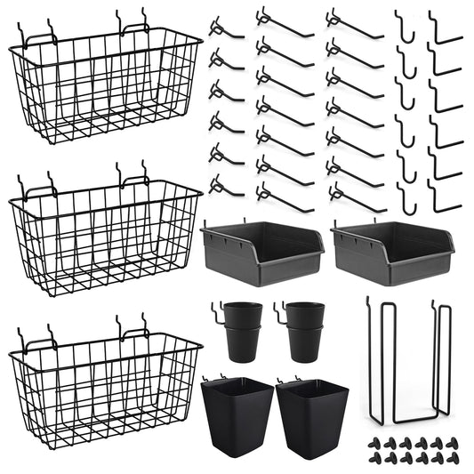 Pegboard Basket Organizers, Peg Board Large Baskets Hooks Bins Cups Tool Organizer 42 Pack Set, Wall Storage Display Hanging Accessories for Craft Office Stadio Shed Garage Organization (Black)