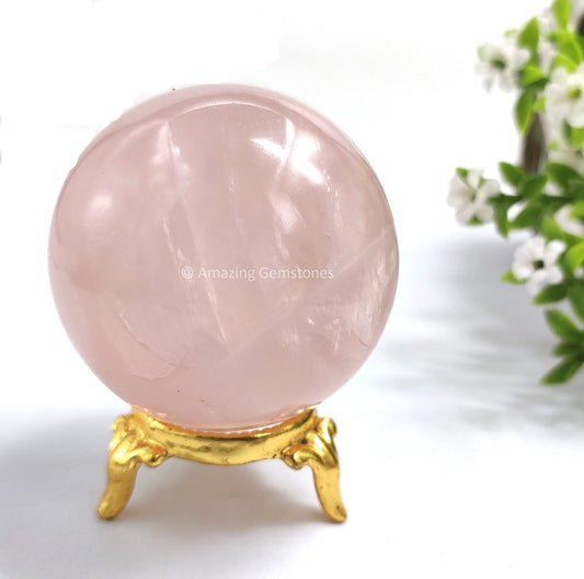 Amazing Gemstone Rose Quartz Crystal Sphere Round Ball with Sphere Holder Stand, Natural Healing Stone Sphere for Massage Meditation Crystal Grid Witchcraft Supplies Reiki Yoga