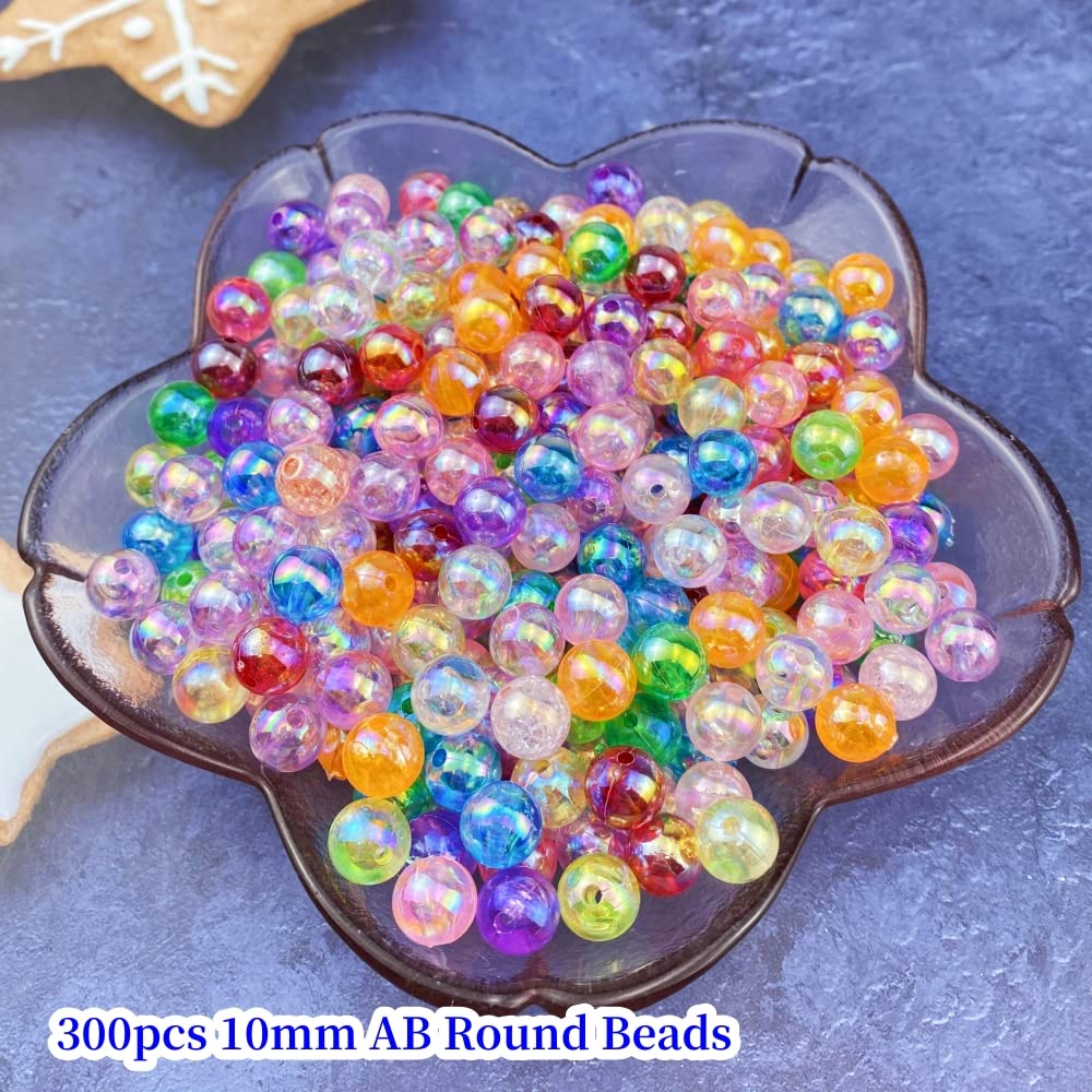 300 Pcs 10mm Acrylic Round Beads AB Colors Round Spacer Beads for Earring Bracelet Necklace Key Chains Jewelry DIY Craft Making(Mix AB Color)