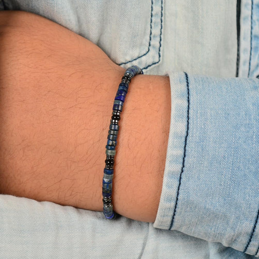 Casvia Men's Lapis Lazuli Hematite & Black Agate Beaded Bracelet, Handmade Adjustable Stainless Steel Chain, Chakra Jewelry Gift for Dad Husband Boyfriend