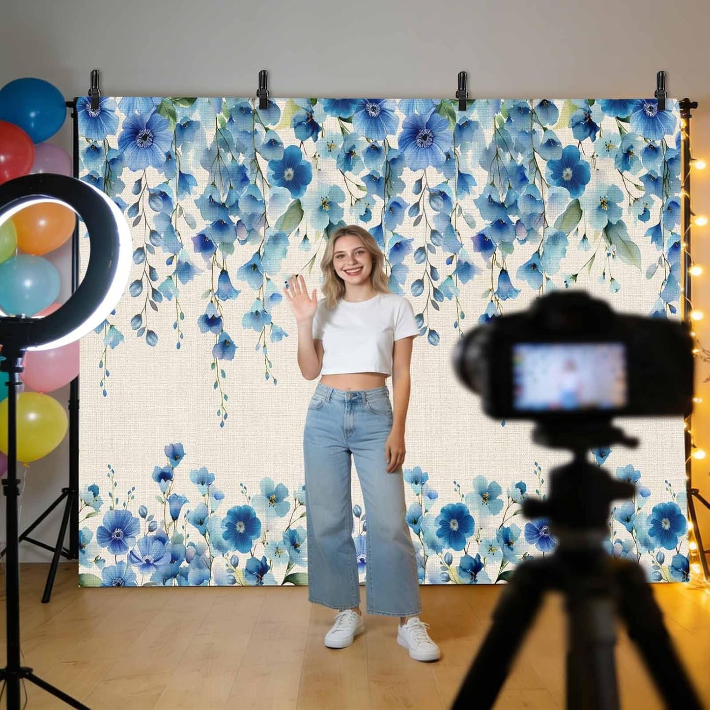 VANPTBNHS 12x8ft Curtain,Country Photography Backdrop,Retro Blue Flowers on Jam Professional Photography Background