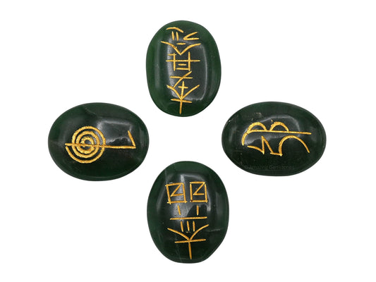 Amazing Gemstone Green Aventurine Crystal Reiki Stones with Engraved Symbols for Usui Reiki Healing, Set of 4 Pcs (Indian Handmade Reiki Gift Set)