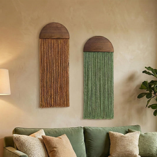 2 Pcs Macrame Wall Hanging Boho Wall Decor - 11.81" W x 35" L for Handmade Woven Tapestry Art with Wood Tassels, Bohemian Yarn Decoration for Bedroom Above Bed Headboard Living Room