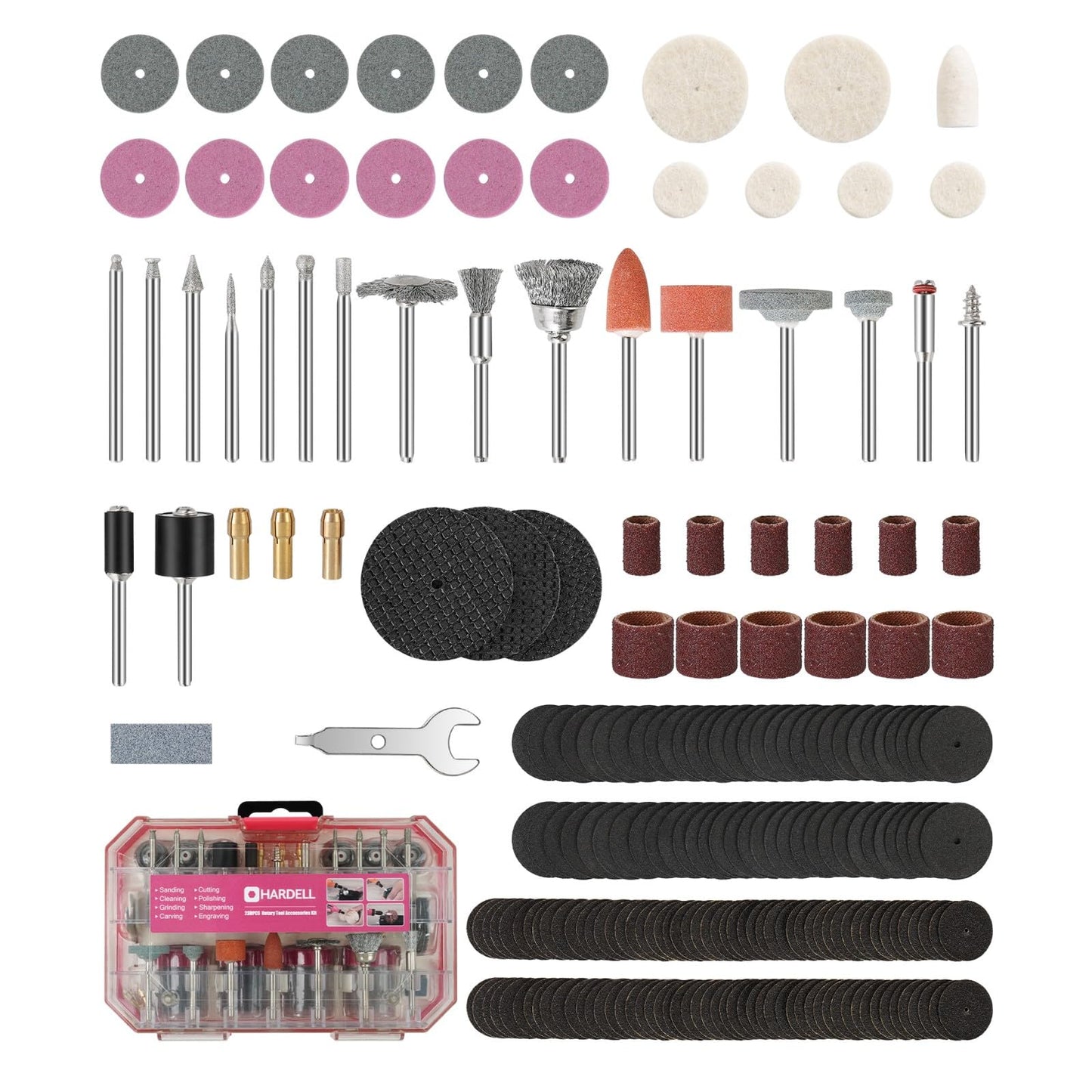 HARDELL Rotary Tool Accessories, 230pcs Power Rotary Tool Accessories Kit, 1/8"(3.2mm) Diameter Shanks, Universal Fitment for Easy Cutting, Polishing, Sanding, Carving, Grinding(Pink)