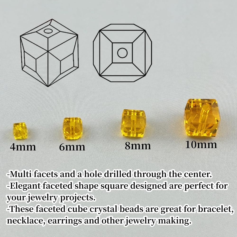 YUEXIGO 100pcs 6mm Cube Crystal Glass Beads for Jewelry Making Faceted Square Crystal Glass Bead Spacer Beads Loose Beads for Bracelet Earring Necklace DIY Craft(Gold Yellow)