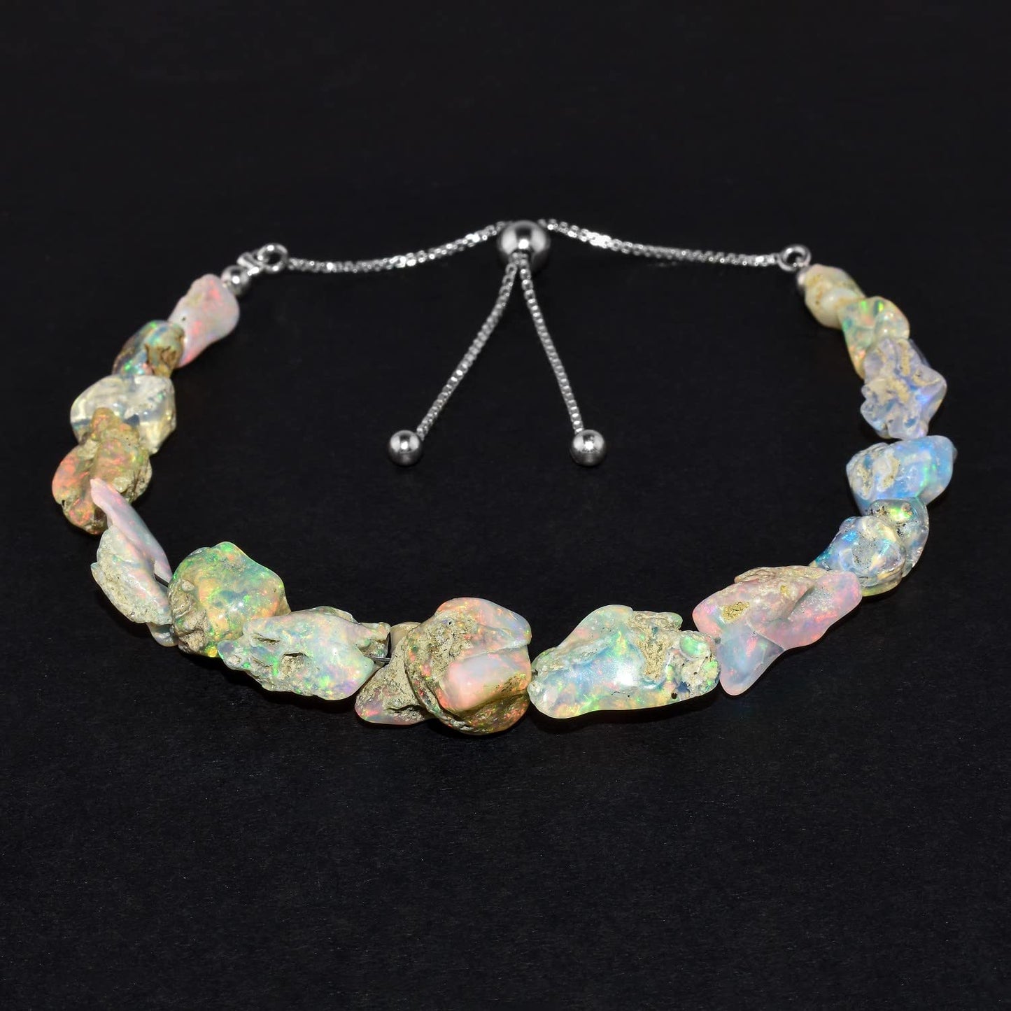 OdrillionGems Natural Raw Ethiopian Opal Gemstones Bolo Bracelet, Opal Rough Stones, Healing Crystals, 925 Sterling Silver, Handmade, Birthstones, Adjustable Slider, Women Jewelry, Valentine Gifts