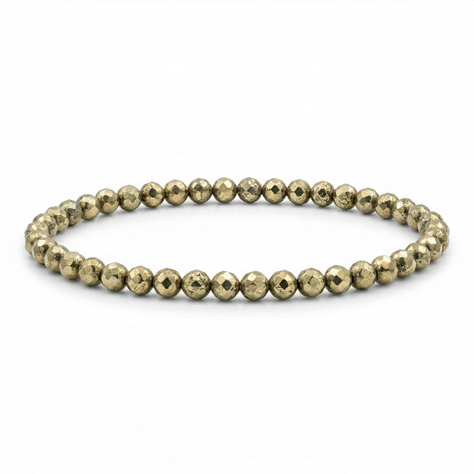 Angelstones Natural Pyrite Gemstone Small Beaded Stretch Bracelet, 4mm Faceted Round Beads, Crystal Healing Bracelet for Women