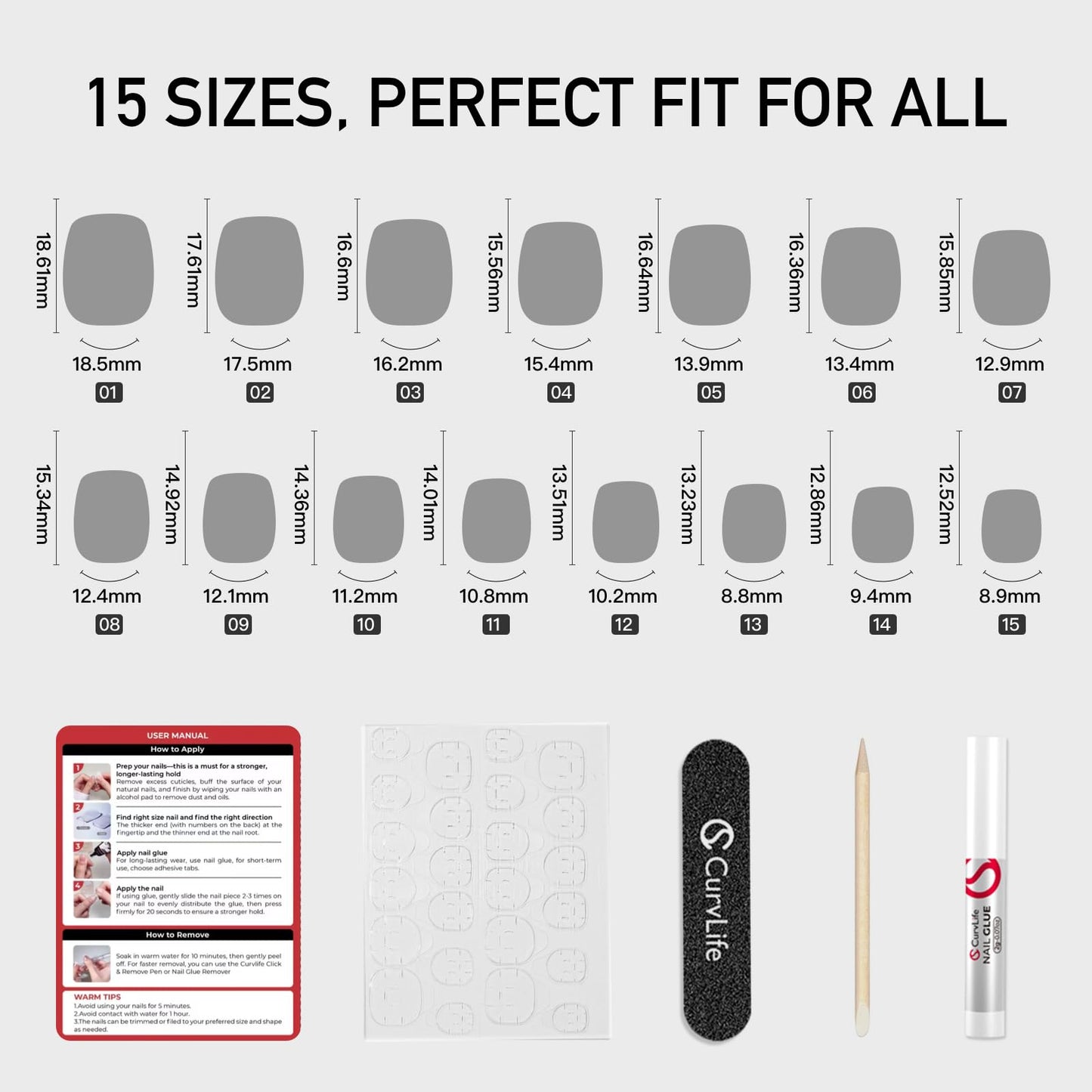 Curvlife Short Press on Nails Acrylic White Square Fake Nails with white Design Full Cover False Nails Reusable Nail Kit with Nail Glue Adhesive Tabs Glue on Nails