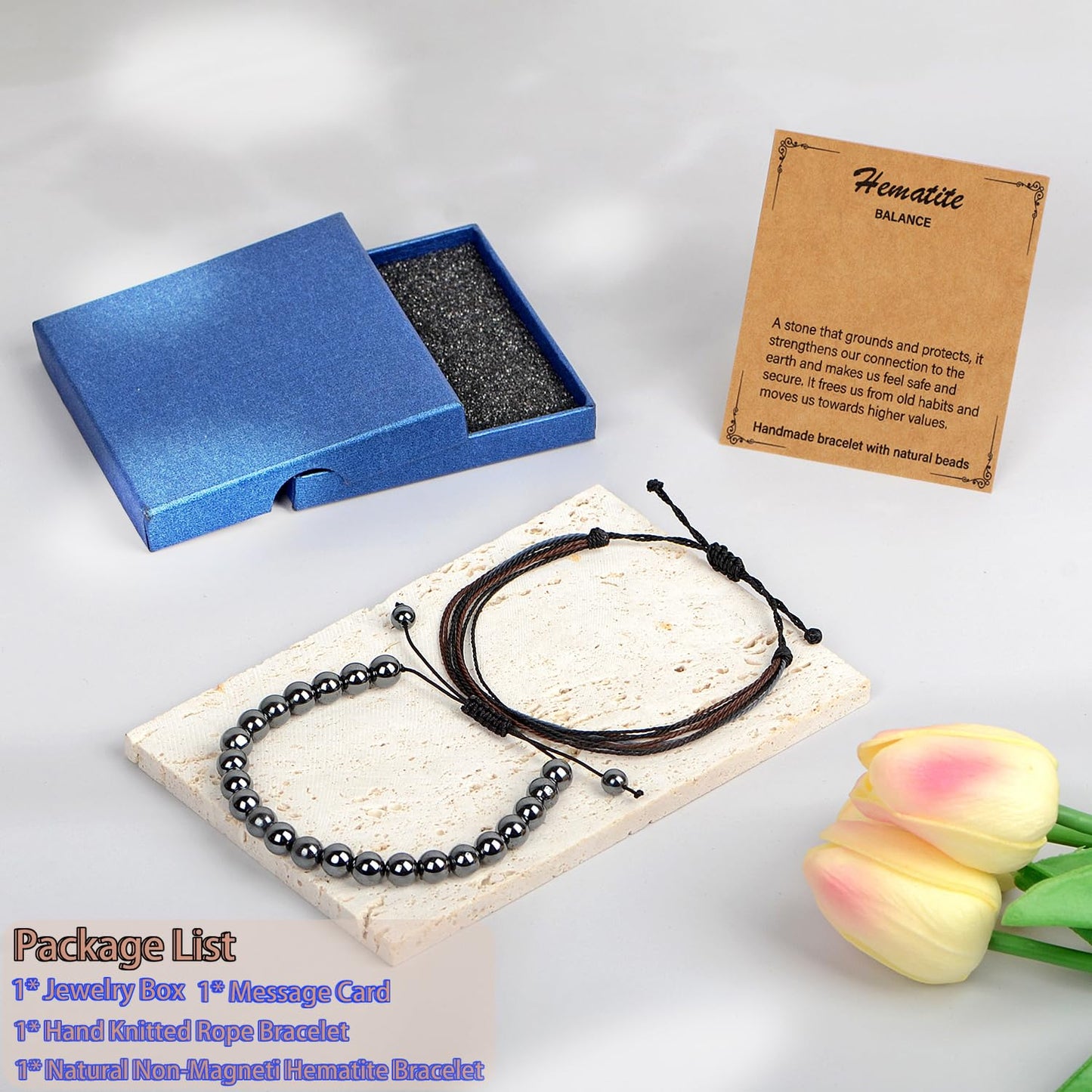 LPBeads 8mm Hematite Bracelet with Handmade Rope Bracelet Size Adjustable Natural Stone Crystal Healing Bracelets Gifts for Unisex Adults
