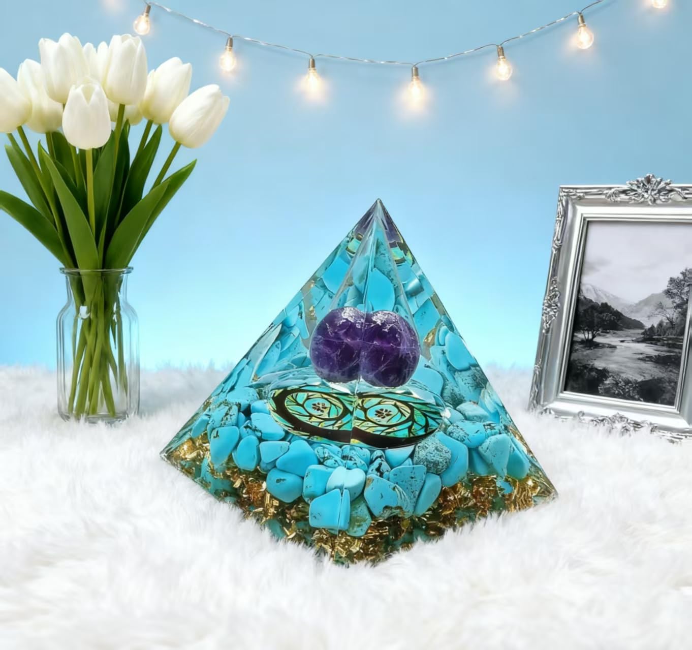 ycyingcheng Moonstone Crystal Orgone Pyramid Ogan Crystal Energy Tower, Nature Reiki Chakra Crushed Stone Jewelry, Crystal Pyramid for Home Decor (Turquoise+Amethyst Ball)