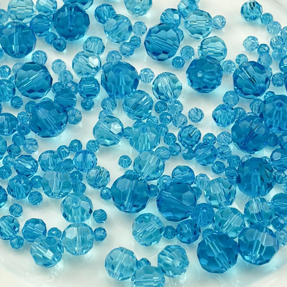 Honkoolly 480pcs Crystal Glass Beads 3mm 4mm 6mm 8mm 10mm Round Faceted Glass Spacer Beads for Bracelets Necklace Earring DIY Jewelry Making Craft(Lake Blue)