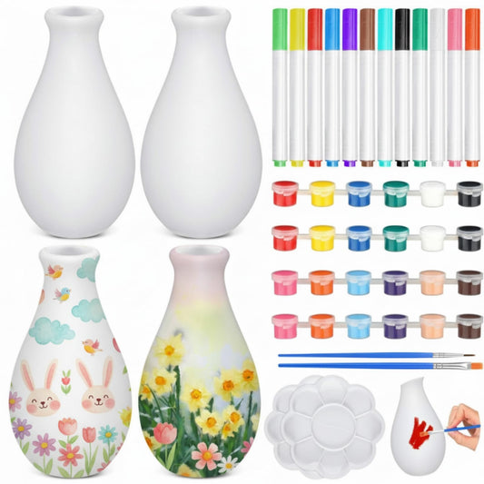 Singhoow 4 Set Father's Day Paint Your Own Porcelain Paint Vase Art Project White Ceramic Painting Kit for Adults Porcelain Vase Decorating Kit Holiday Supplies DIY(Stylish)
