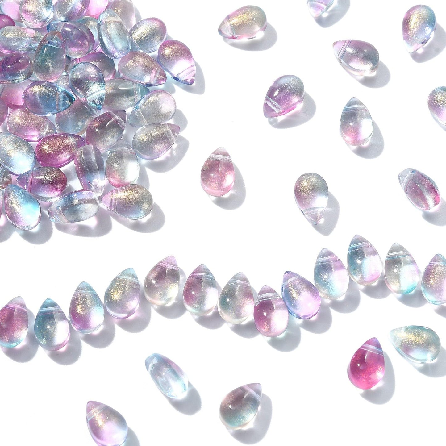 UR Urlifehall 100 Pcs Glass Teardrop Charms Transparent Spray Painted Glass Beads with Glitter Powder Beads for DIY Jewelry Crafts Making